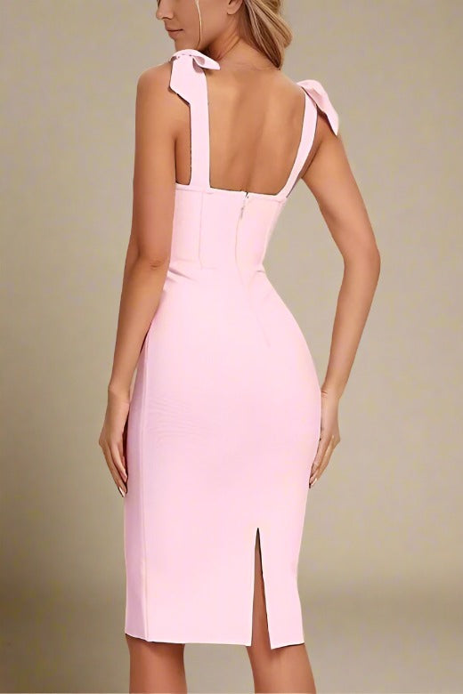 Woman wearing a figure flattering  Payton Bandage Dress - Dusty Pink BODYCON COLLECTION