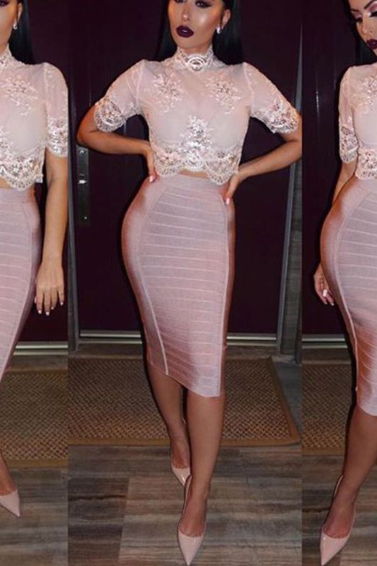 Woman wearing a figure flattering  Pencil High Waist Bandage Knee Length Cocktail Skirt - Cream BODYCON COLLECTION