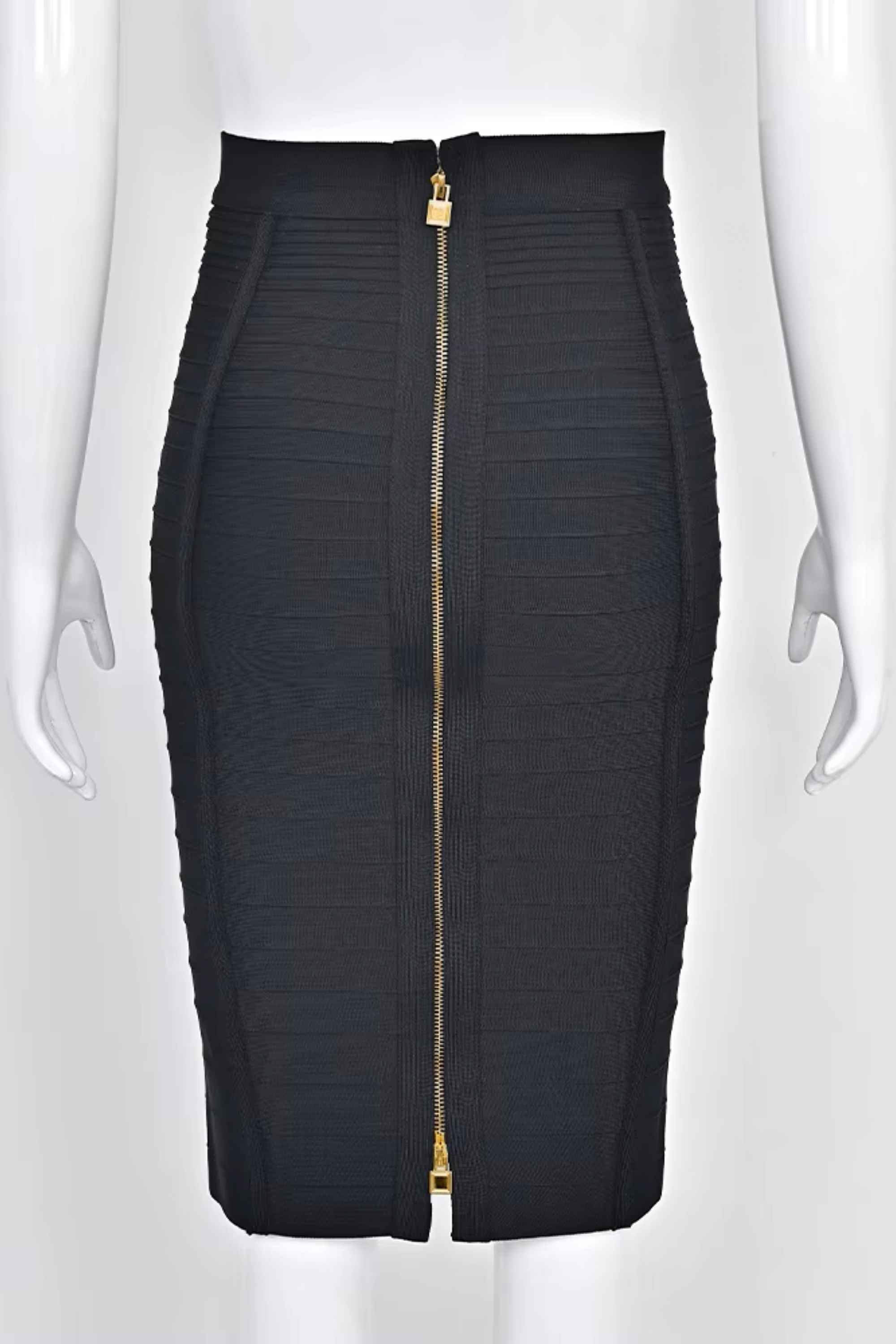 Woman wearing a figure flattering  Pencil High Waist Bandage Knee Length Knitted Skirt - Classic Black BODYCON COLLECTION