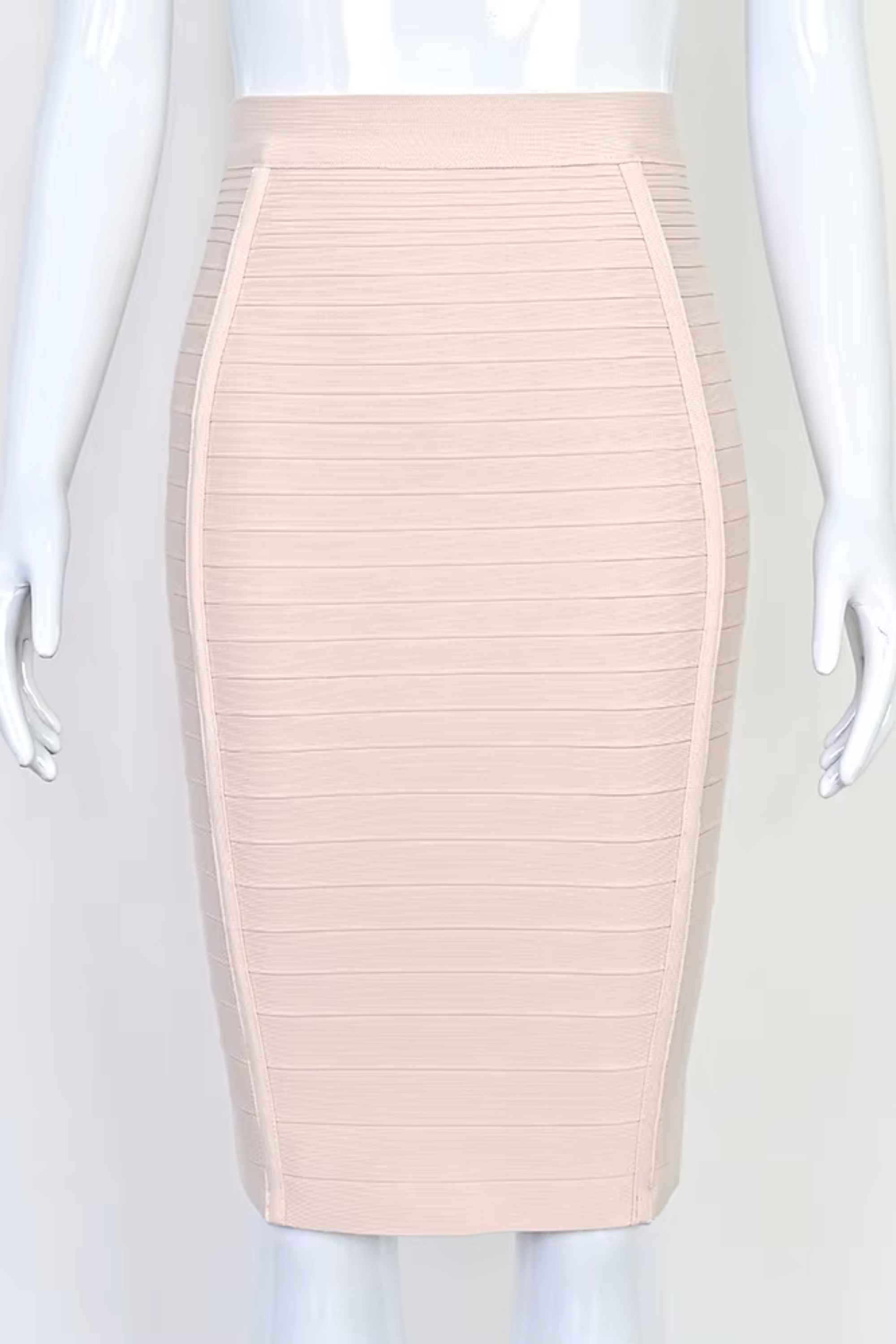 Woman wearing a figure flattering  Pencil High Waist Bandage Knee Length Knitted Skirt - Cream BODYCON COLLECTION