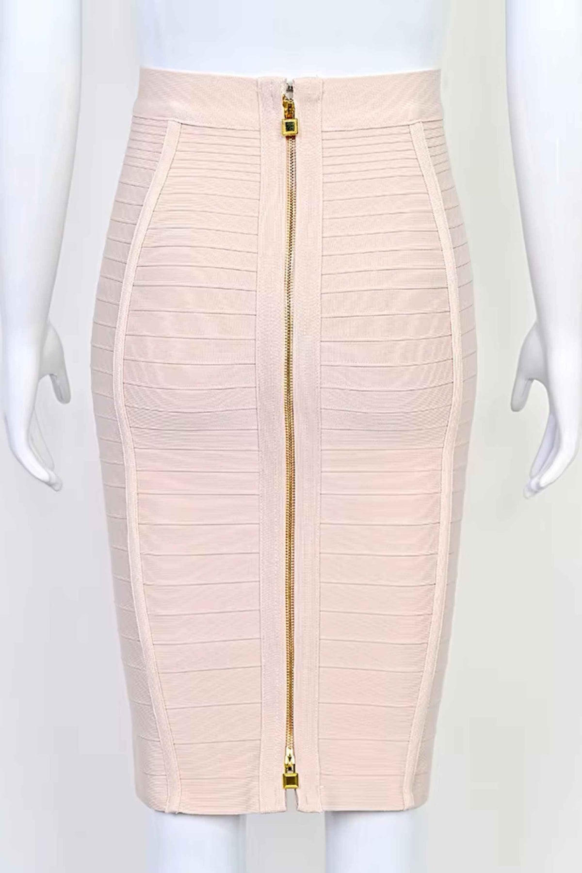 Woman wearing a figure flattering  Pencil High Waist Bandage Knee Length Knitted Skirt - Cream BODYCON COLLECTION