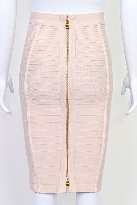 Woman wearing a figure flattering  Pencil High Waist Bandage Knee Length Knitted Skirt - Cream BODYCON COLLECTION