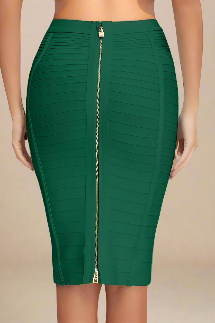 Woman wearing a figure flattering  Pencil High Waist Bandage Knee Length Knitted Skirt - Emerald Green BODYCON COLLECTION