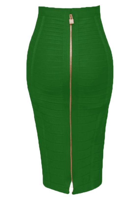 Woman wearing a figure flattering  Pencil High Waist Bandage Knee Length Knitted Skirt - Emerald Green BODYCON COLLECTION