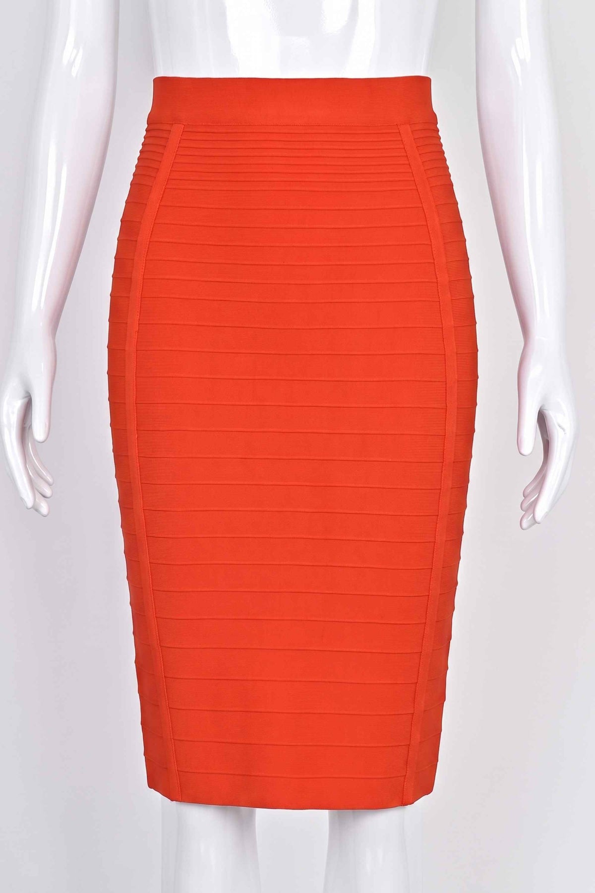 Woman wearing a figure flattering  Pencil High Waist Bandage Knee Length Knitted Skirt - Lipstick Red BODYCON COLLECTION