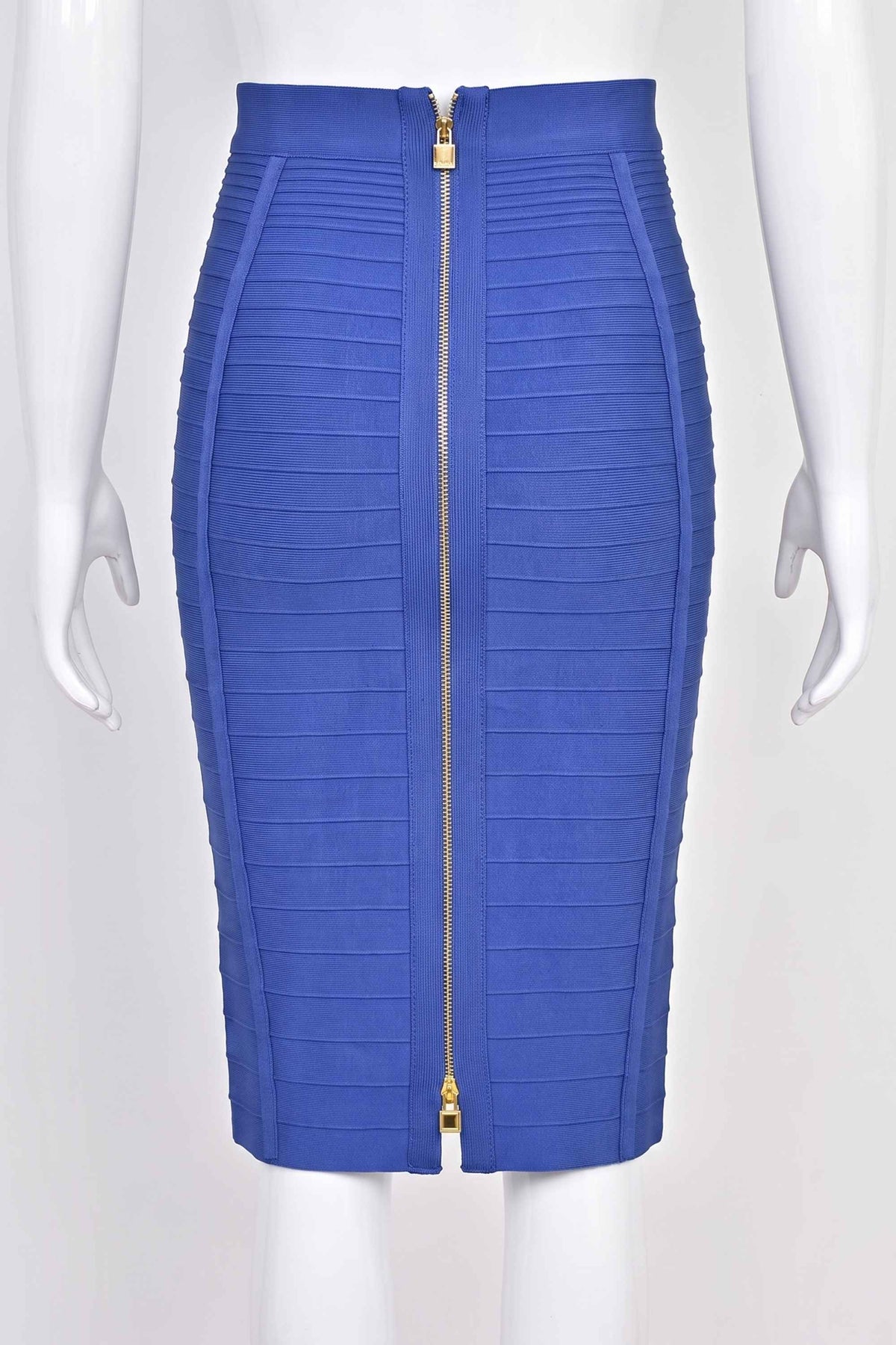 Woman wearing a figure flattering  Pencil High Waist Bandage Knee Length Knitted Skirt - Navy Blue BODYCON COLLECTION