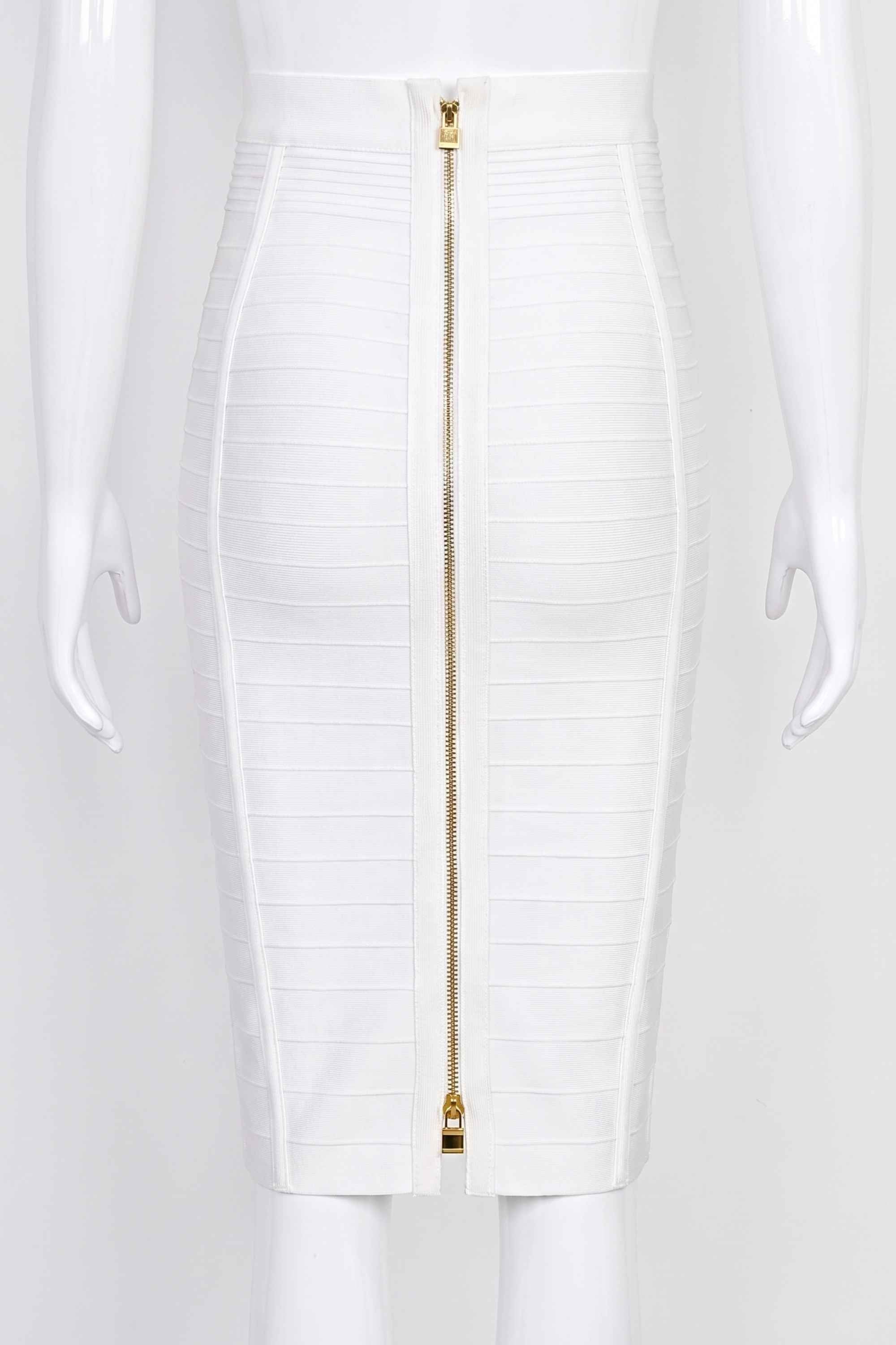 Woman wearing a figure flattering  Pencil High Waist Bandage Knee Length Knitted Skirt - Pearl White BODYCON COLLECTION