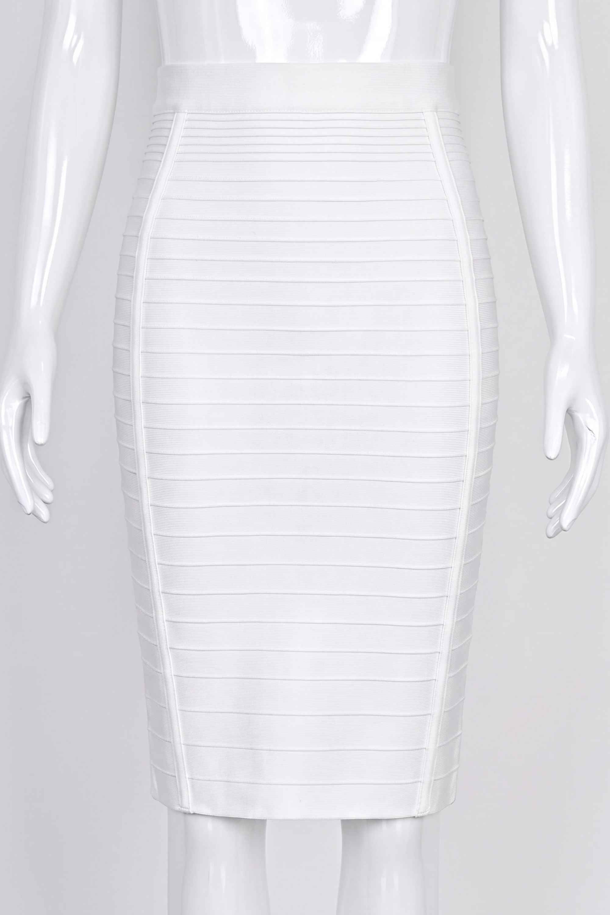Woman wearing a figure flattering  Pencil High Waist Bandage Knee Length Knitted Skirt - Pearl White BODYCON COLLECTION
