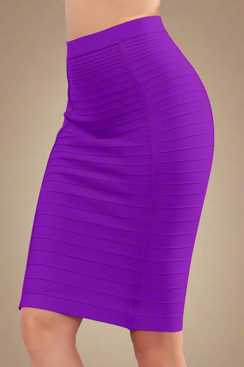 Woman wearing a figure flattering  Pencil High Waist Bandage Knee Length Knitted Skirt - Plum Purple BODYCON COLLECTION