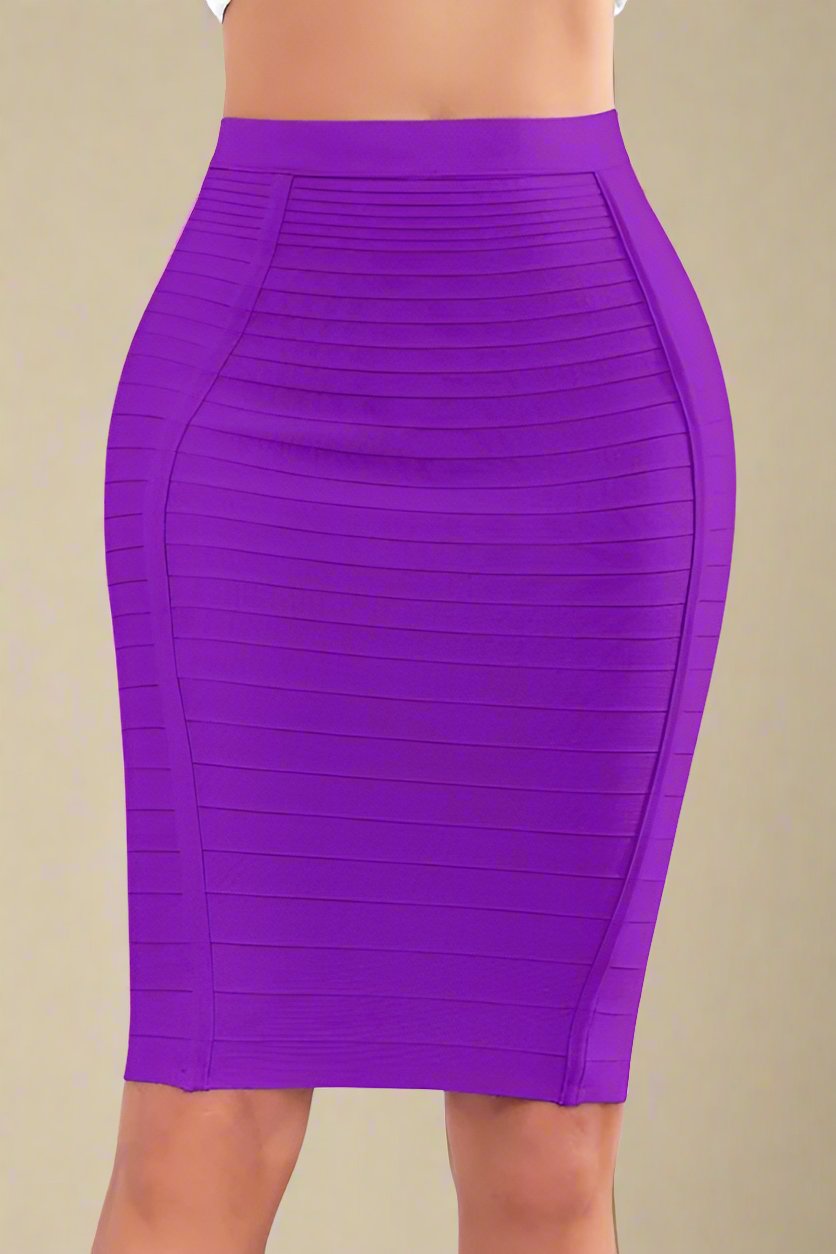 Woman wearing a figure flattering  Pencil High Waist Bandage Knee Length Knitted Skirt - Plum Purple BODYCON COLLECTION