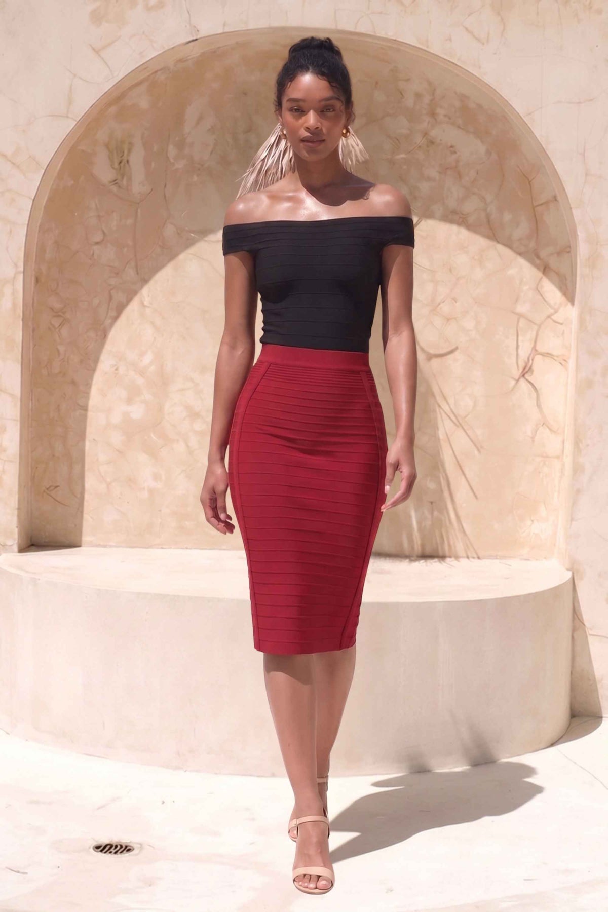 Woman wearing a figure flattering  Pencil High Waist Bandage Knee Length Knitted Skirt - Red Wine BODYCON COLLECTION