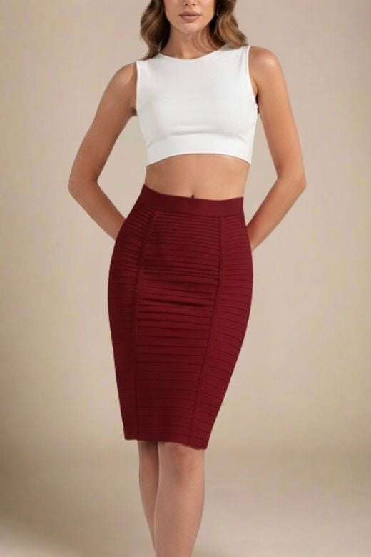 Woman wearing a figure flattering  Pencil High Waist Bandage Knee Length Knitted Skirt - Red Wine BODYCON COLLECTION