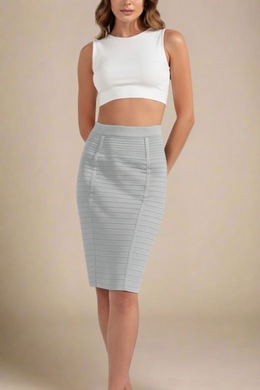 Woman wearing a figure flattering  Pencil High Waist Bandage Knee Length Knitted Skirt - Steel Grey BODYCON COLLECTION