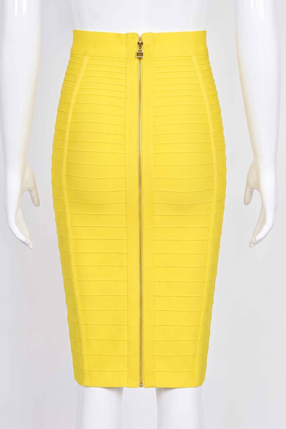 Woman wearing a figure flattering  Pencil High Waist Bandage Knee Length Knitted Skirt - Sun Yellow BODYCON COLLECTION