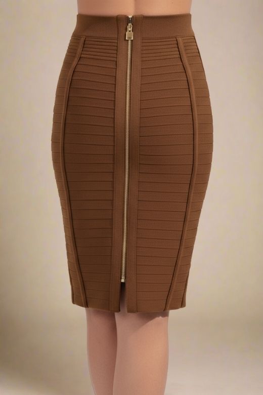 Woman wearing a figure flattering  Pencil High Waist Bandage Knee Length Knitted Skirt - Tan Brown BODYCON COLLECTION