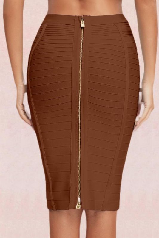Woman wearing a figure flattering  Pencil High Waist Bandage Knee Length Knitted Skirt - Tan Brown BODYCON COLLECTION