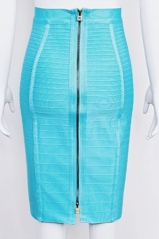 Woman wearing a figure flattering  Pencil High Waist Bandage Knee Length Knitted Skirt - Turquoise Blue BODYCON COLLECTION