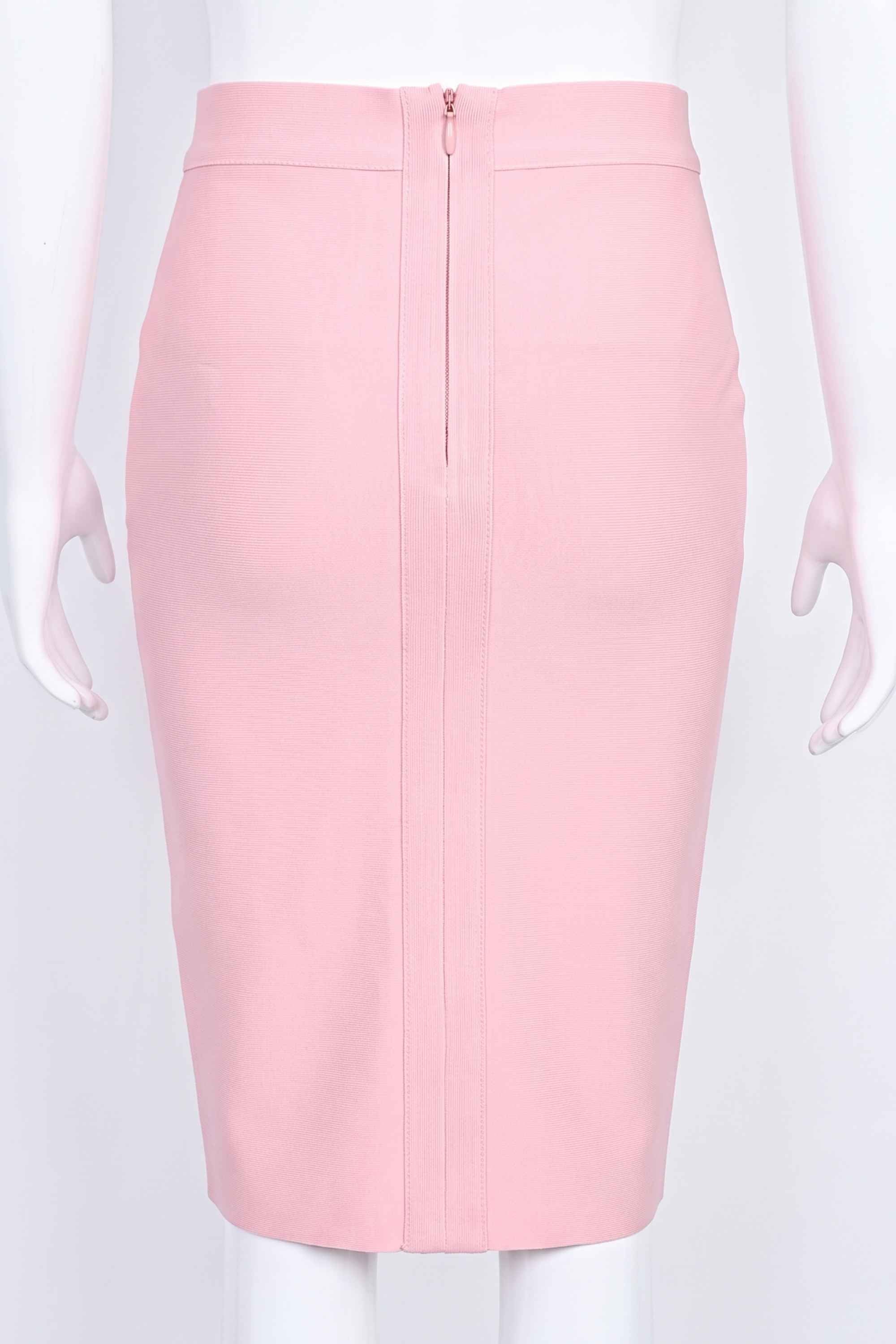 Woman wearing a figure flattering  Pencil High Waist Bandage Knee Length Skirt - Blush Pink BODYCON COLLECTION