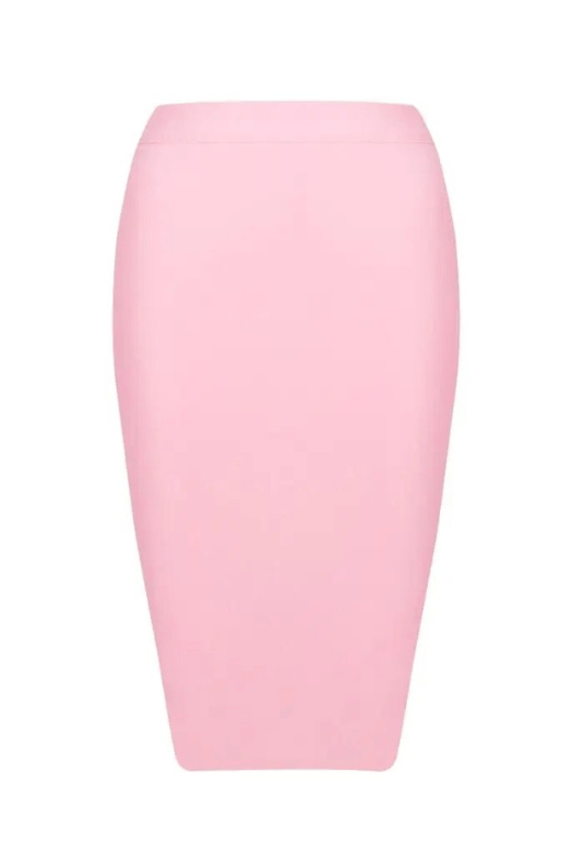 Woman wearing a figure flattering  Pencil High Waist Bandage Knee Length Skirt - Blush Pink BODYCON COLLECTION