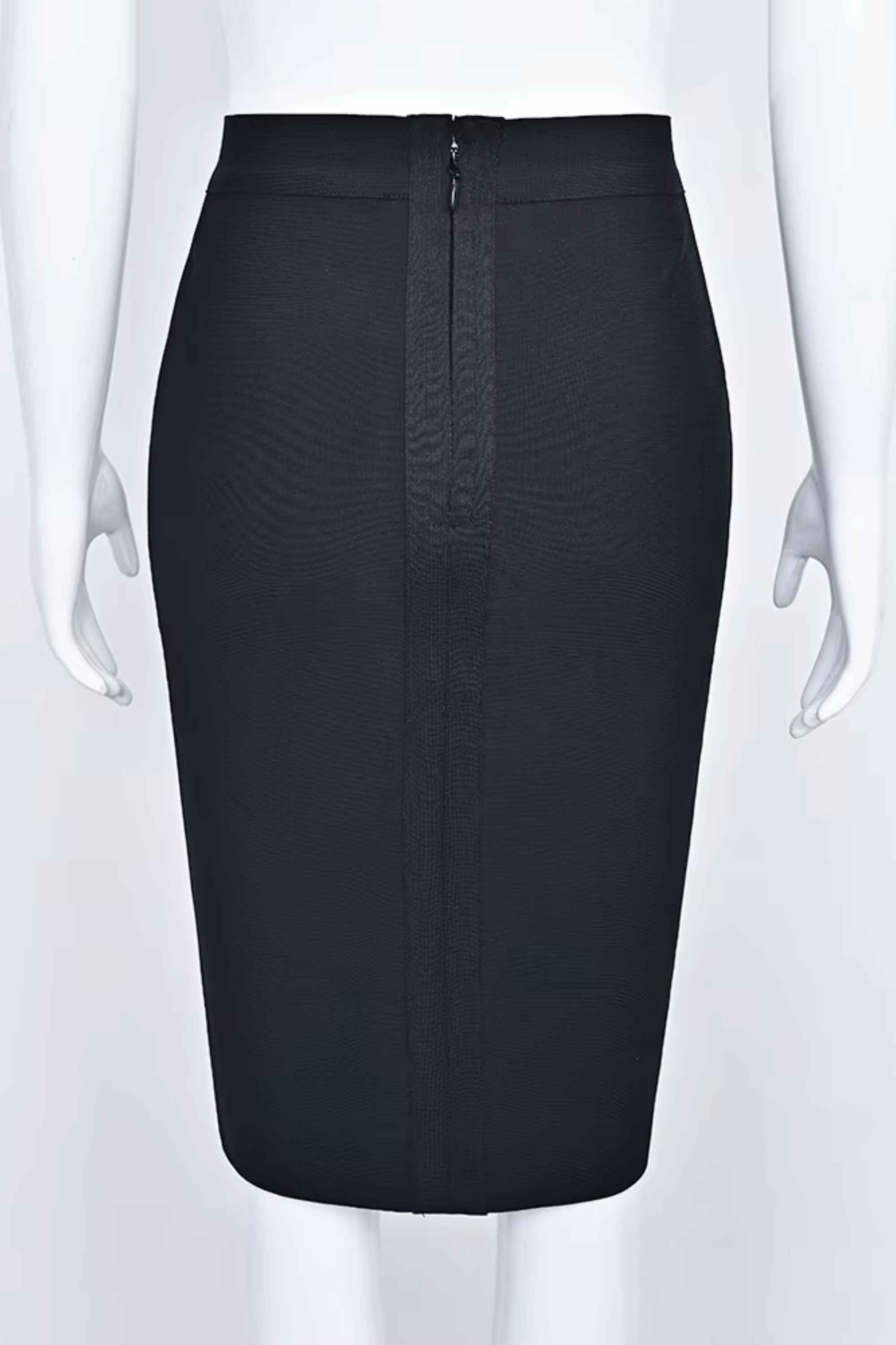 Woman wearing a figure flattering  Pencil High Waist Bandage Knee Length Skirt - Classic Black BODYCON COLLECTION