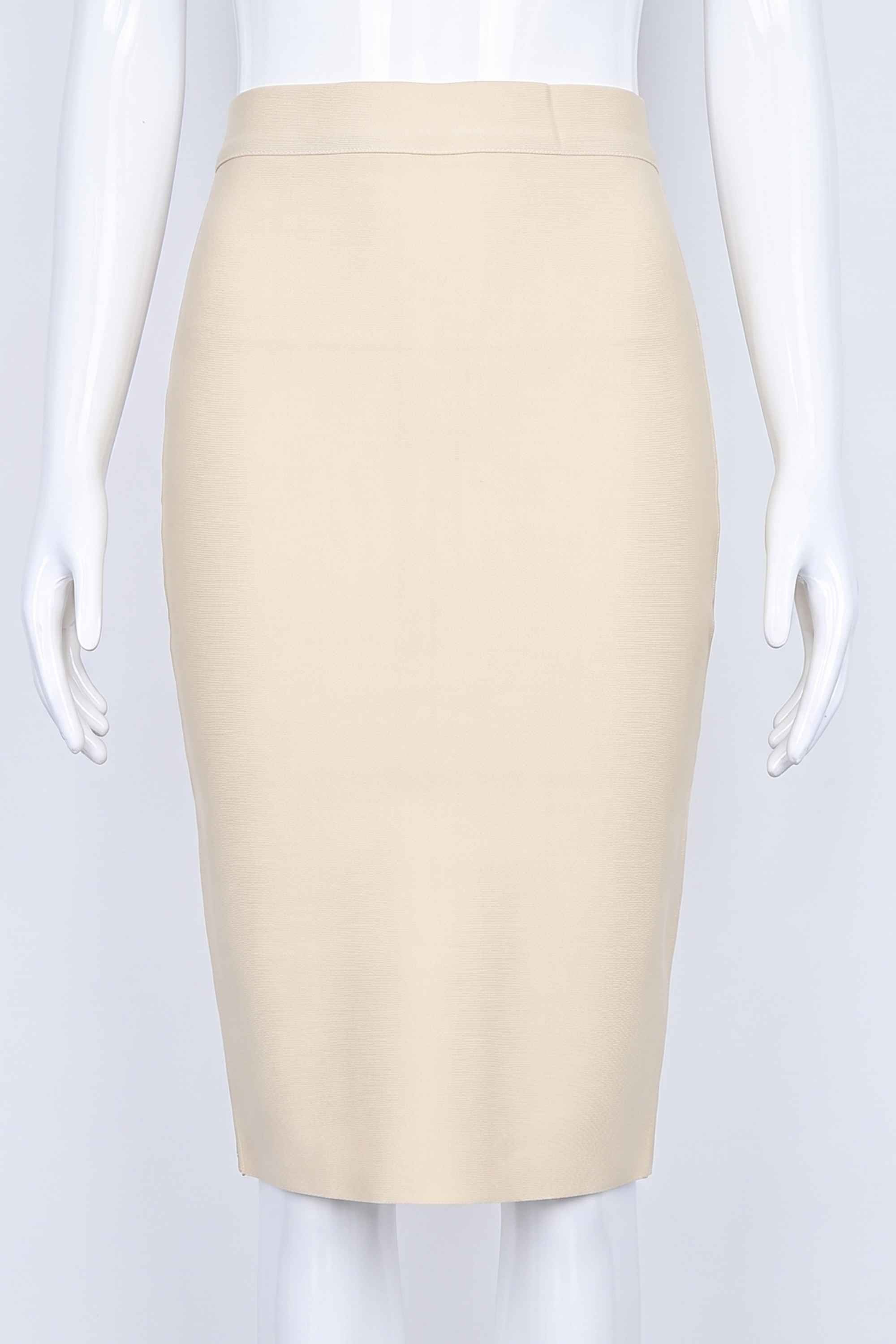 Woman wearing a figure flattering  Pencil High Waist Bandage Knee Length Skirt - Cream BODYCON COLLECTION
