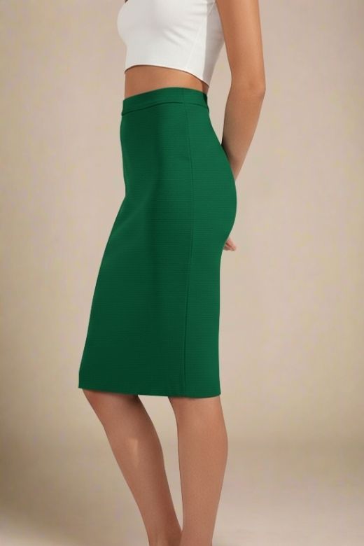 Woman wearing a figure flattering  Pencil High Waist Bandage Knee Length Skirt - Emerald Green BODYCON COLLECTION