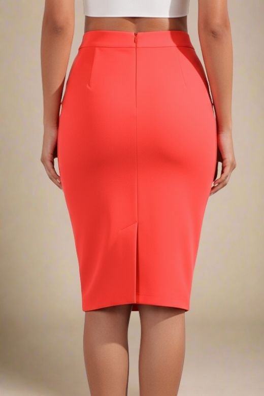 Woman wearing a figure flattering  Pencil High Waist Bandage Knee Length Skirt - Lipstick Red BODYCON COLLECTION