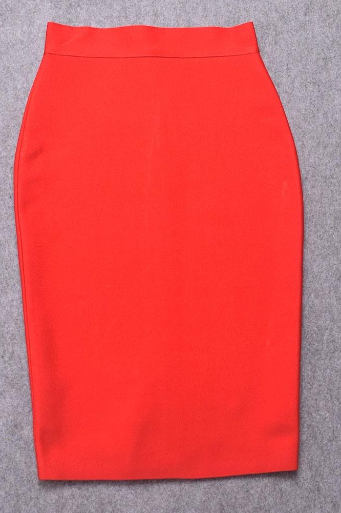 Woman wearing a figure flattering  Pencil High Waist Bandage Knee Length Skirt - Lipstick Red BODYCON COLLECTION
