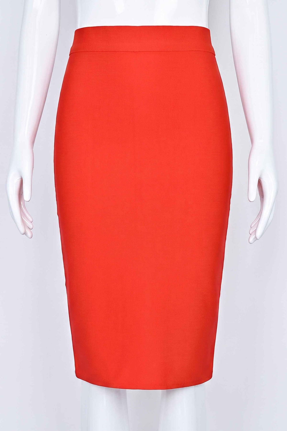 Woman wearing a figure flattering  Pencil High Waist Bandage Knee Length Skirt - Lipstick Red BODYCON COLLECTION