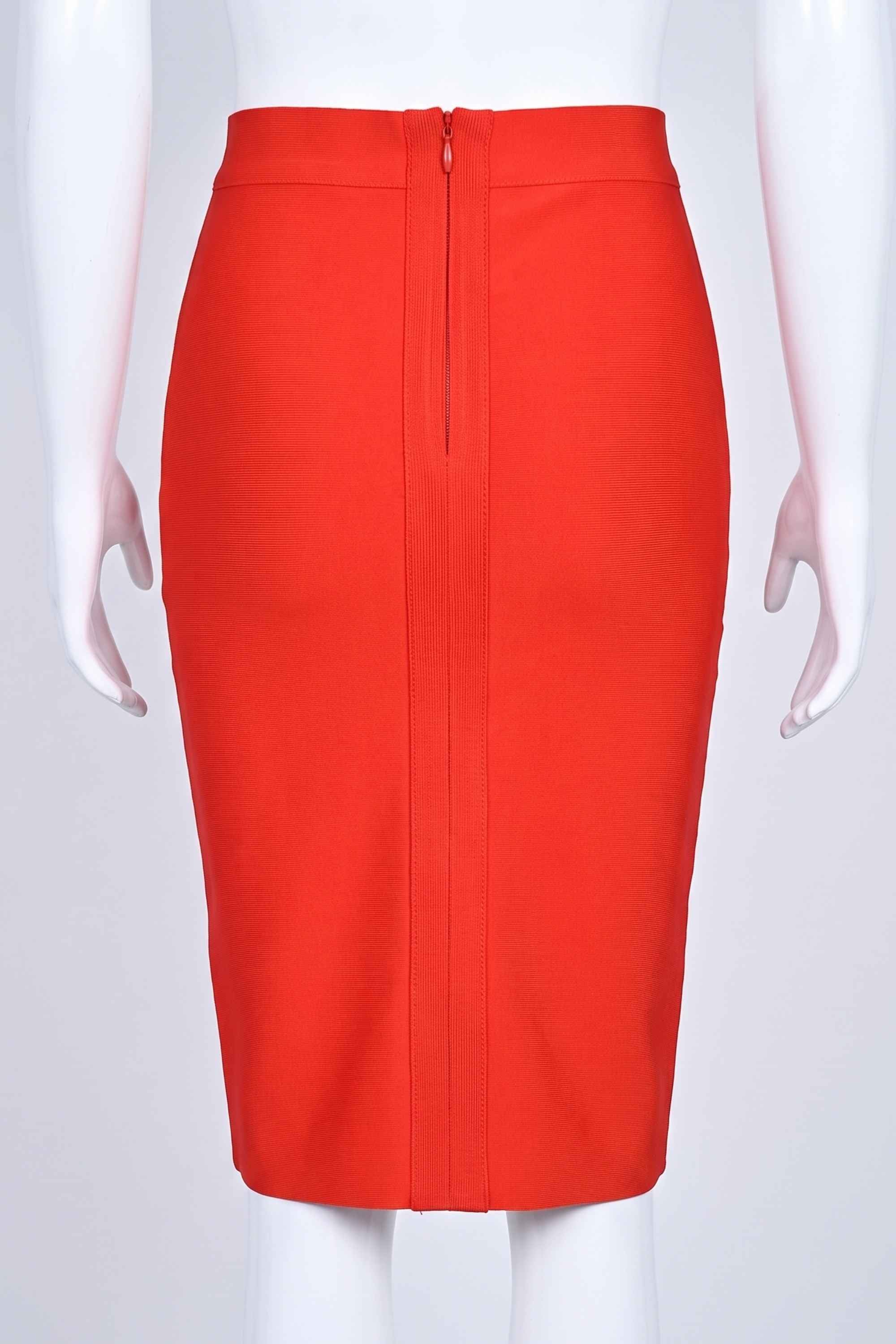 Woman wearing a figure flattering  Pencil High Waist Bandage Knee Length Skirt - Lipstick Red BODYCON COLLECTION