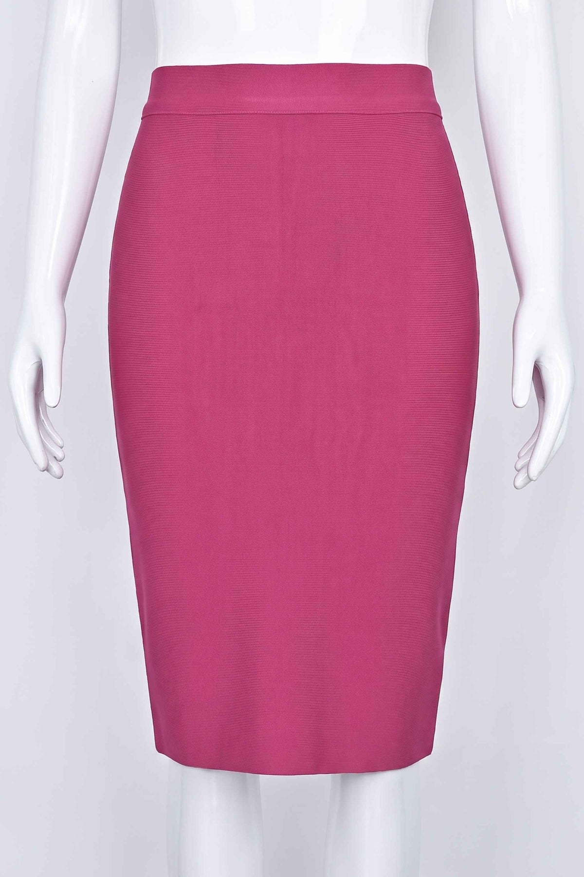 Woman wearing a figure flattering  Pencil High Waist Bandage Knee Length Skirt - Magenta Pink BODYCON COLLECTION