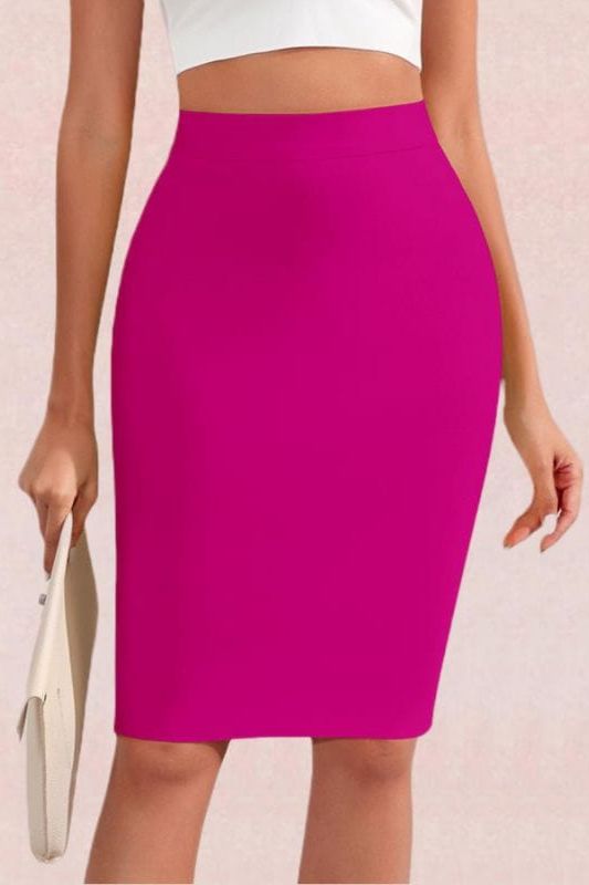 Woman wearing a figure flattering  Pencil High Waist Bandage Knee Length Skirt - Magenta Pink BODYCON COLLECTION