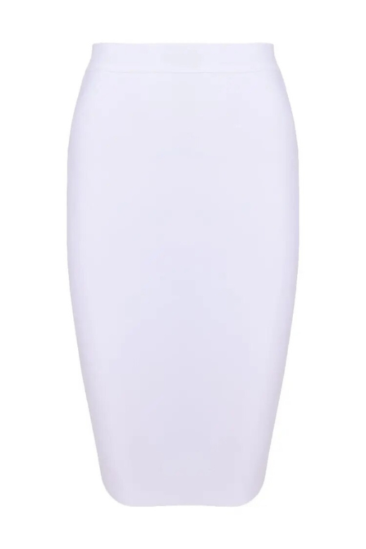 Woman wearing a figure flattering  Pencil High Waist Bandage Knee Length Skirt - Pearl White BODYCON COLLECTION