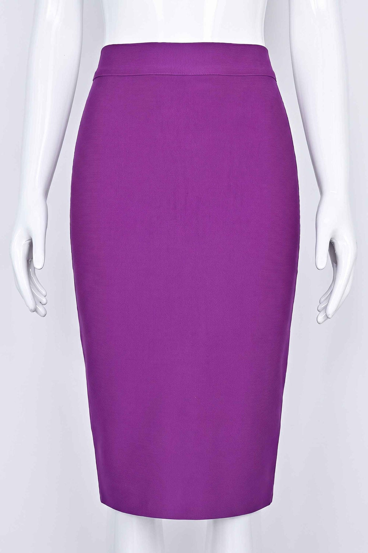 Woman wearing a figure flattering  Pencil High Waist Bandage Knee Length Skirt - Plum Purple BODYCON COLLECTION