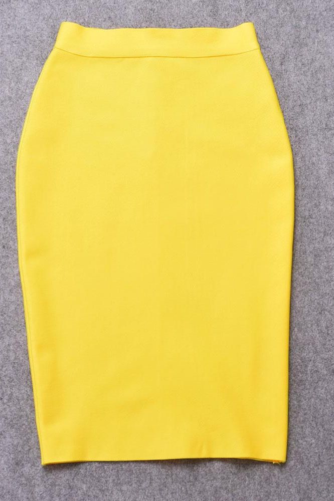 Woman wearing a figure flattering  Pencil High Waist Bandage Knee Length Skirt - Sun Yellow BODYCON COLLECTION