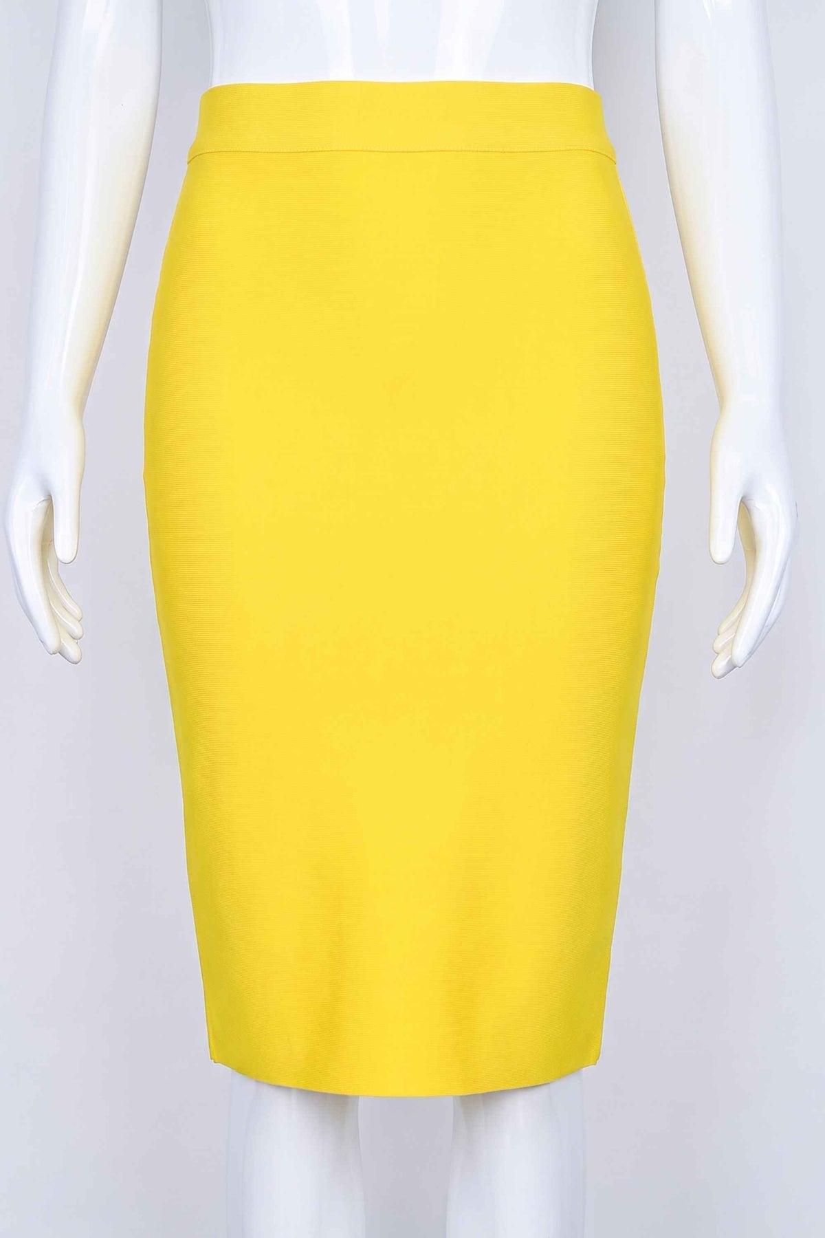 Woman wearing a figure flattering  Pencil High Waist Bandage Knee Length Skirt - Sun Yellow BODYCON COLLECTION