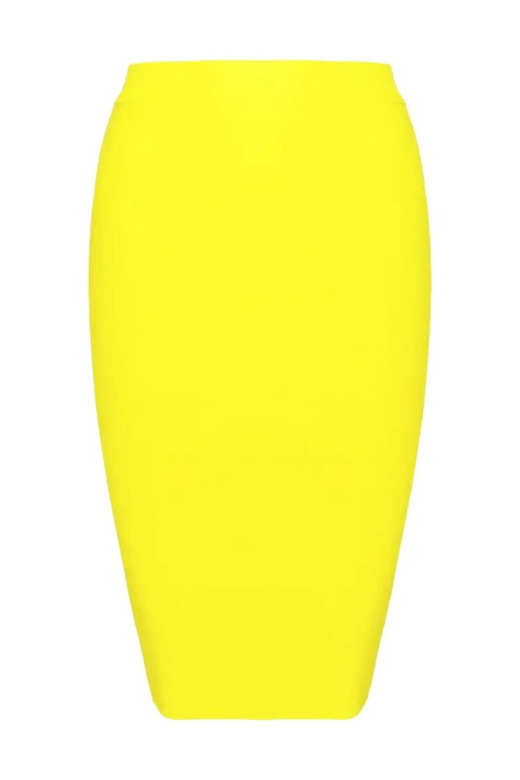 Woman wearing a figure flattering  Pencil High Waist Bandage Knee Length Skirt - Sun Yellow BODYCON COLLECTION