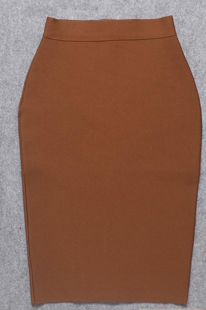 Woman wearing a figure flattering  Pencil High Waist Bandage Knee Length Skirt - Tan Brown BODYCON COLLECTION