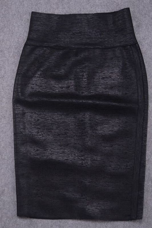 Woman wearing a figure flattering  Pencil High Waist Bandage Metallic Midi Skirt - Classic Black BODYCON COLLECTION