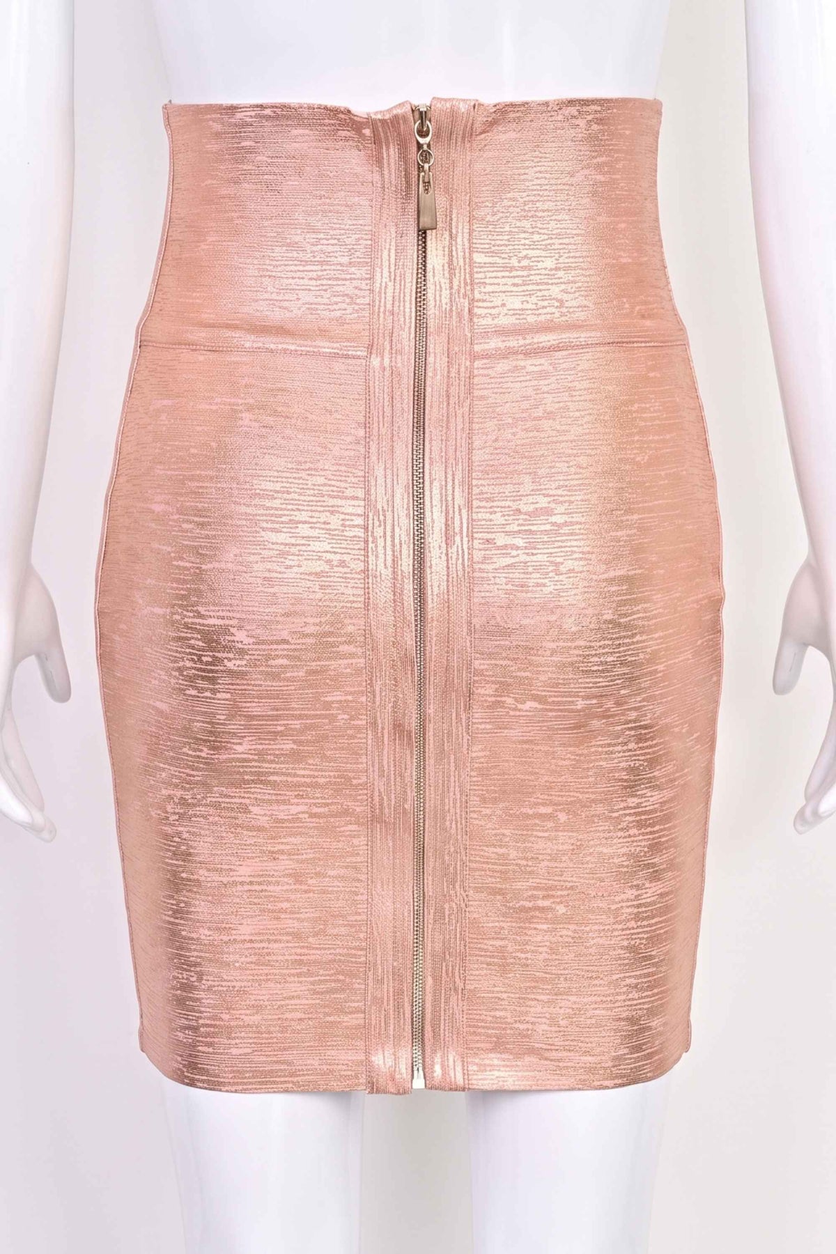 Woman wearing a figure flattering  Pencil High Waist Bandage Metallic Mini Skirt - Baby Pink BODYCON COLLECTION