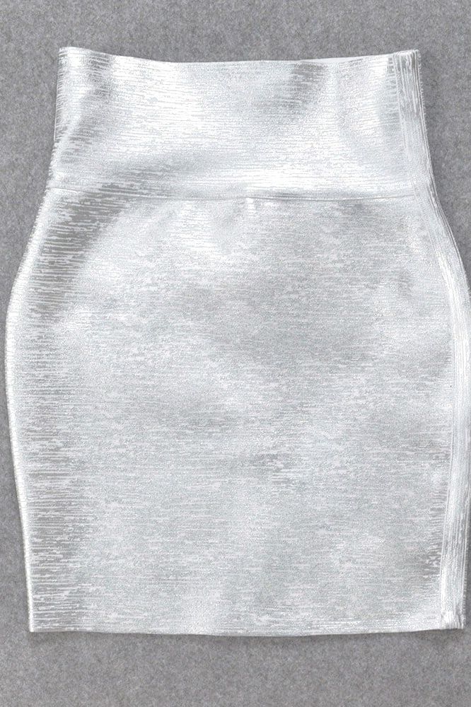 Woman wearing a figure flattering  Pencil High Waist Bandage Metallic Mini Skirt - Silver BODYCON COLLECTION