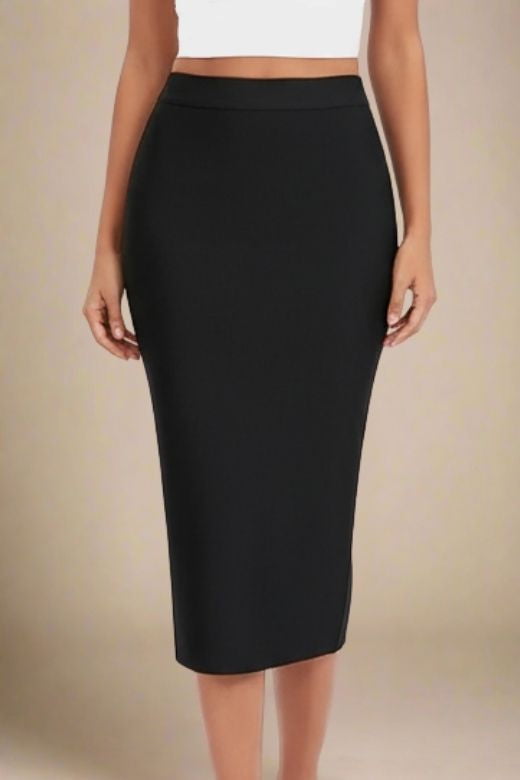 Woman wearing a figure flattering  Pencil High Waist Bandage Midi Skirt - Classic Black BODYCON COLLECTION