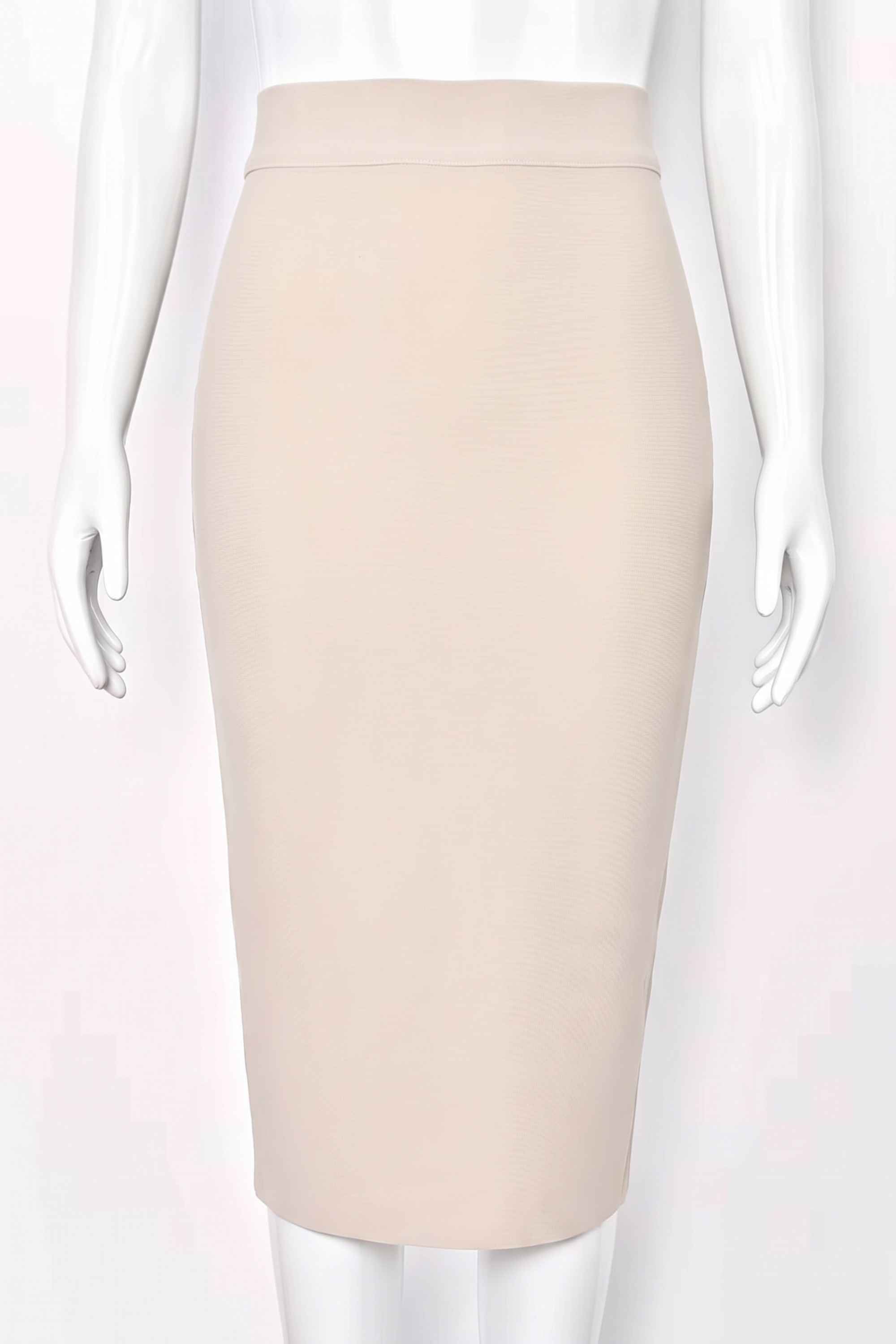 Woman wearing a figure flattering  Pencil High Waist Bandage Midi Skirt - Cream BODYCON COLLECTION