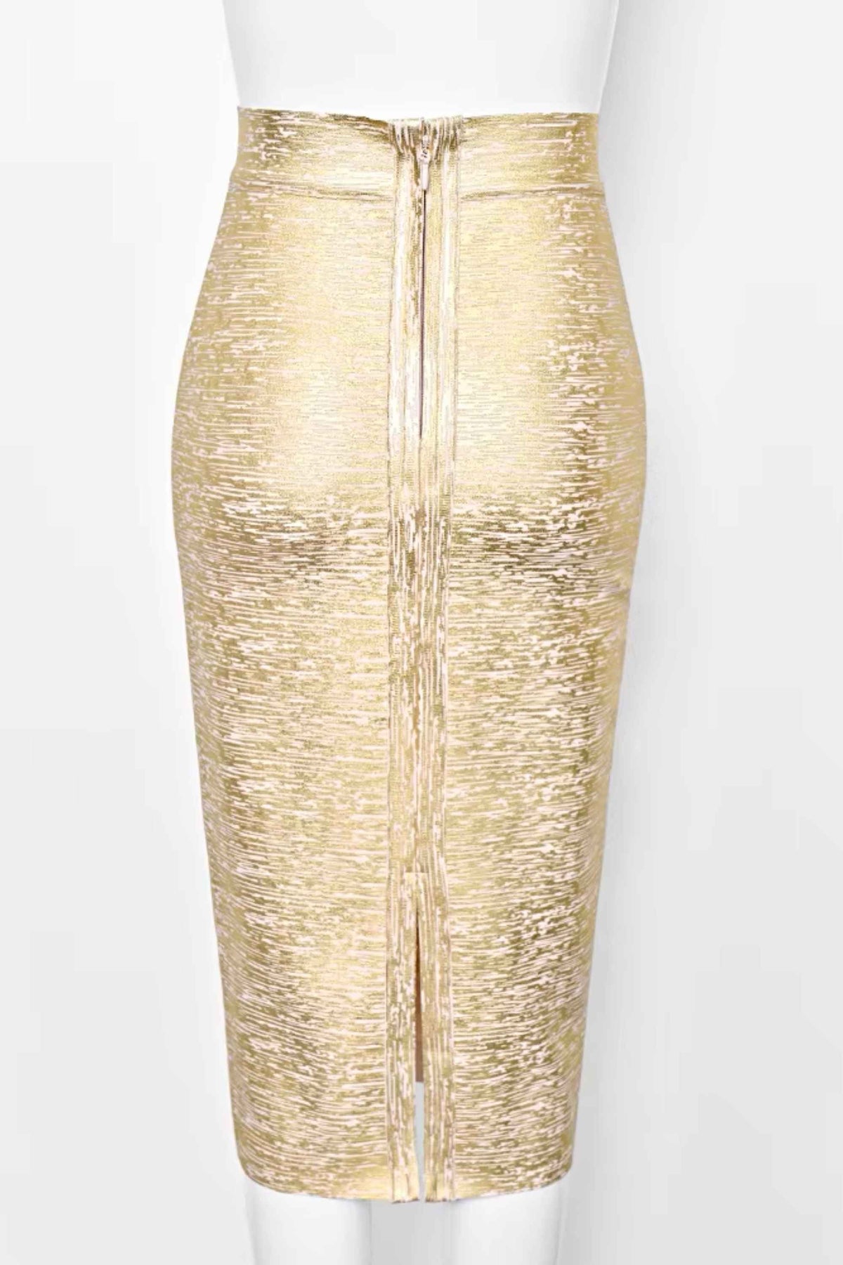 Woman wearing a figure flattering  Pencil High Waist Bandage Midi Skirt - Gold BODYCON COLLECTION