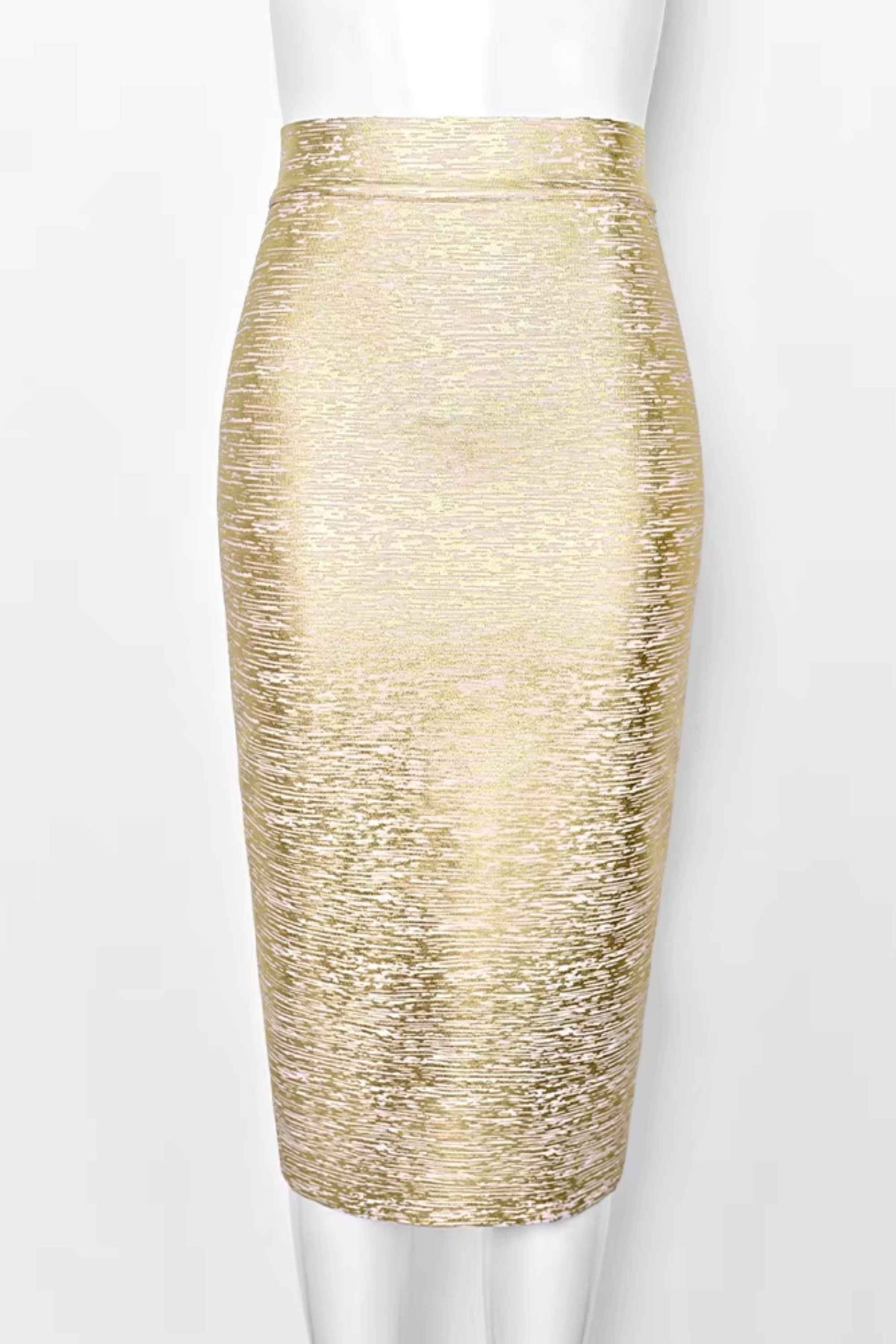 Woman wearing a figure flattering  Pencil High Waist Bandage Midi Skirt - Gold BODYCON COLLECTION