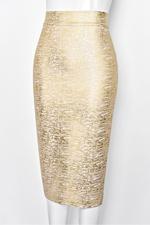 Woman wearing a figure flattering  Pencil High Waist Bandage Midi Skirt - Gold BODYCON COLLECTION