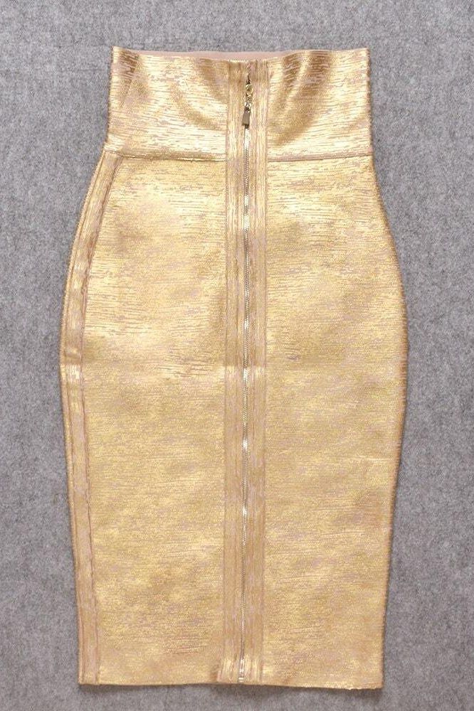 Woman wearing a figure flattering  Pencil High Waist Bandage Midi Skirt - Gold BODYCON COLLECTION