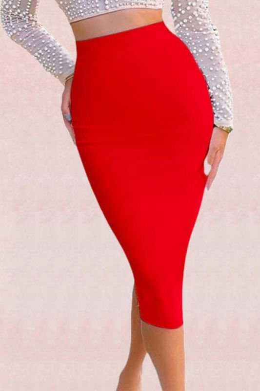 BODYCON COLLECTION Pencil High Waist Bandage Midi Skirt - Lipstick Red Womens Dresses and Apparel Online