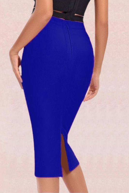 Woman wearing a figure flattering  Pencil High Waist Bandage Midi Skirt - Navy Blue BODYCON COLLECTION