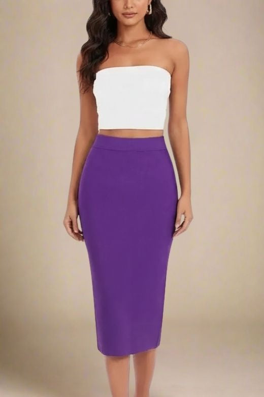 Woman wearing a figure flattering  Pencil High Waist Bandage Midi Skirt - Plum Purple BODYCON COLLECTION